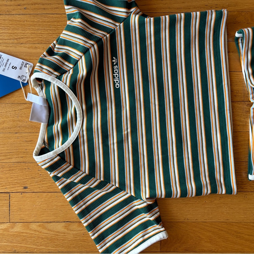 adidas Originals Green White Yellow Striped Crop Top and High-Waist Shorts Set - Picture 7 of 9